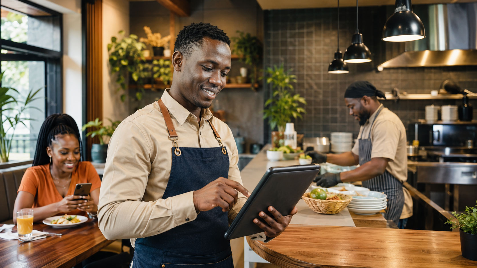 Restaurant staff member using a tablet to manage operational records