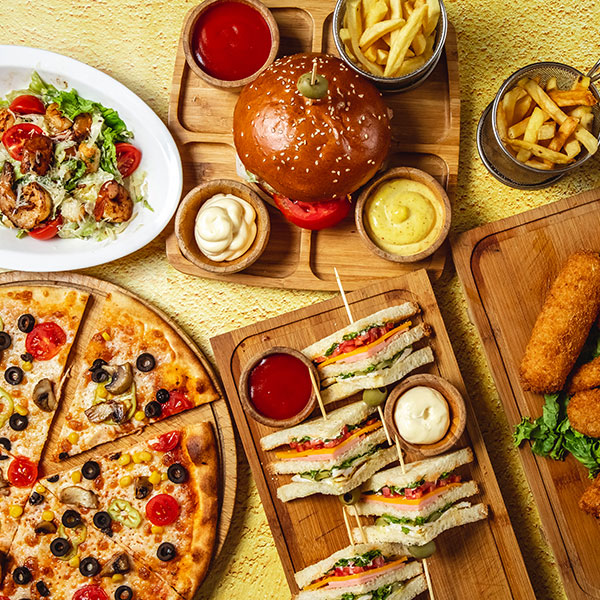 Assorted prepared foods representing recipe ingredients and menu costing